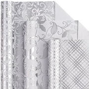 Silver Wrapping Paper Roll - Mini Roll - Floral/ Bellflower/ Plaid for Wedding, Bridal Shower, Birthday - 17 x 120 inches - 3 Rolls (42.5 sq.ft.ttl.)