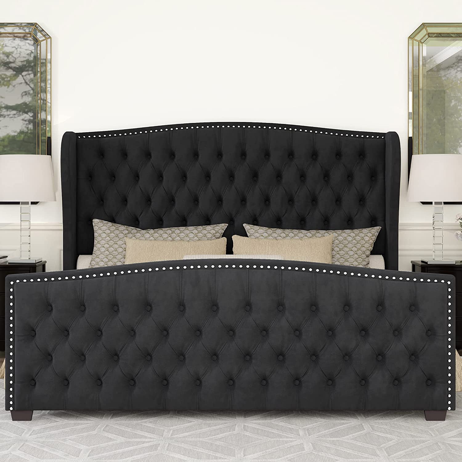 Amerlife Queen Bed Frame with Velvet Upholstery, Tufted Wingback Headboard and Nailhead Trim, Black