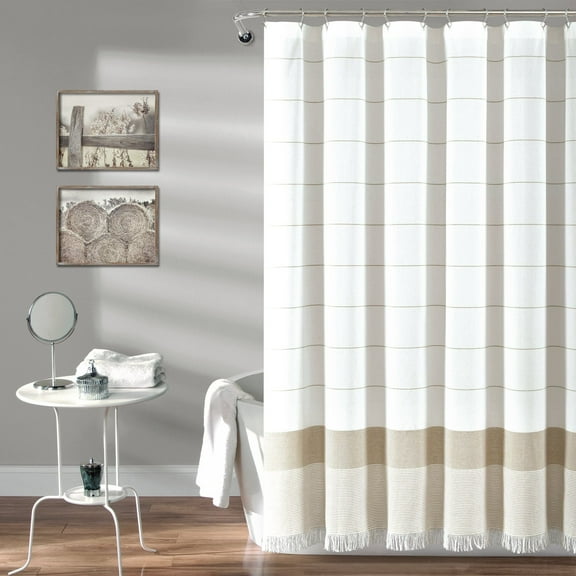 Lush Decor Stripe Yarn Dyed Tassel Fringe Woven Cotton Shower Curtain, 72x72, Taupe, Single
