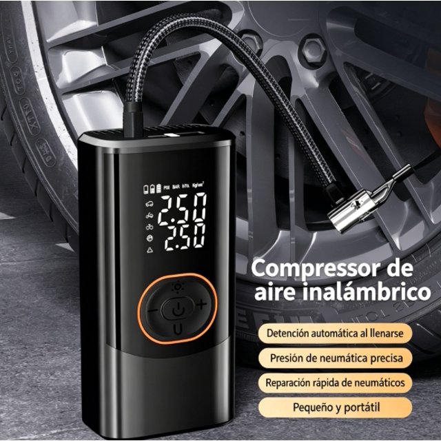 Inflador Portátil Inalámbrico, Compresor de Aire Digital con Parada Automática, Recargable para Autos, Motos y Bicicletas