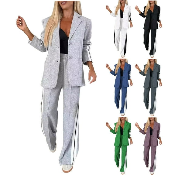 FRSASU Women's 2 Piece Color Blocked Blazer Outfits Business Casual Oversized Jacket Wide Leg Work Pants Dressy Suit Set White XL(XL)