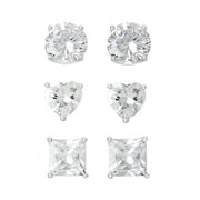 FINE SILVER PLATED CUBIC ZIRCONIA HEART, ROUND, SQUARE EARRING SET