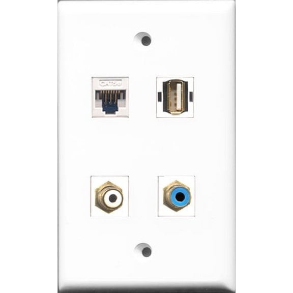 RiteAV 1 Port RCA White and 1 Port RCA Blue and 1 Port USB A-A and 1 Port Cat5e Ethernet White Wall Plate