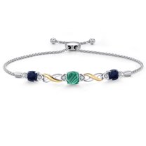Gem Stone King 925 Silver and 10K Yellow Gold Green Malachite and Blue Sapphire and White Lab Grown Diamond Bracelet for Women | 2.99 Cttw | Gemstone | Cushion 6MM | Fully Adjustable 9 inch