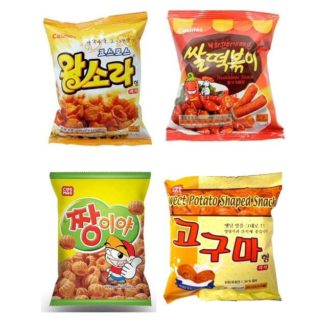 KOREAN Snacks 4 Count Essentials Single Size Packs of Snacks,Jjangiya, Spicy Rice Cake Tteokboki, Sweet Potato, and Sea Shell Snacks. Snack box for Kids, Students, Adult & Senior by K Snack