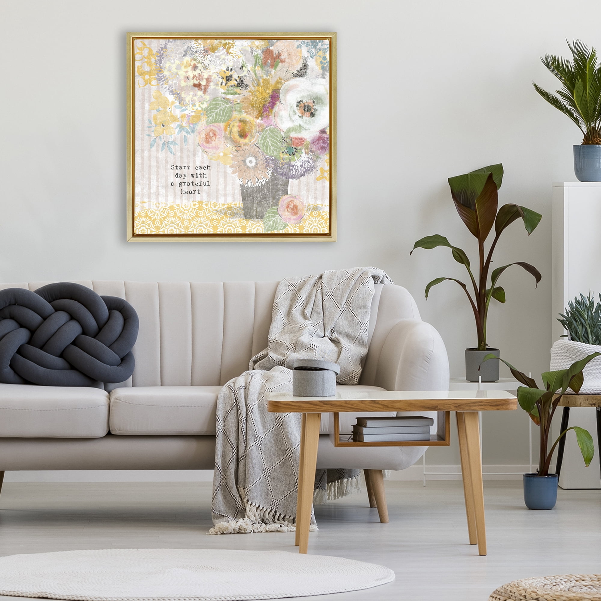 Stupell Industries Floral Inspirations Grateful Heart Gold Framed Floater Canvas Wall Art, design by Suzanne Nicoll