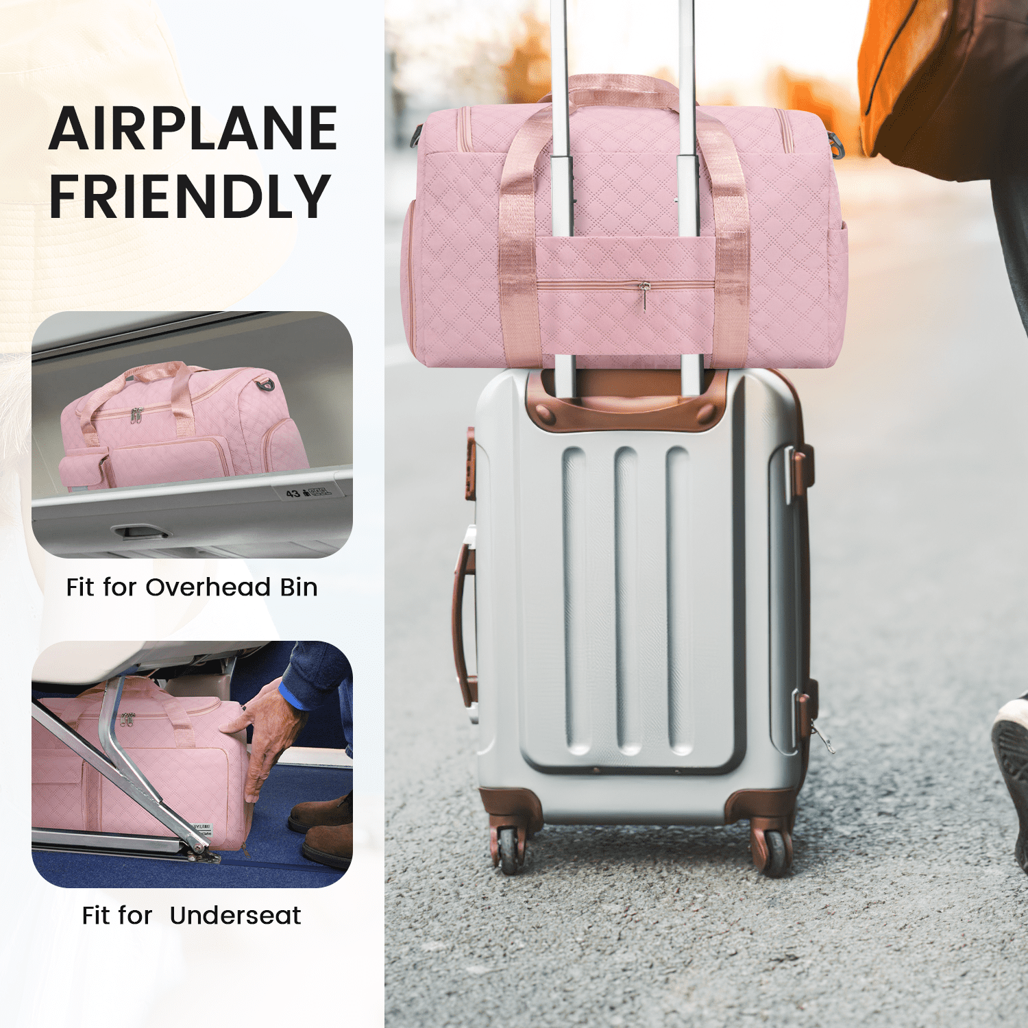 Travel Duffle Bag for Women Men, Foldable Weekender Bags Carry on Gym Bag with Wet Pocket/Adjustable Strap/Shoe Compartment, Waterproof Overnight Tote Bag for Plane Sports Dance, Pink