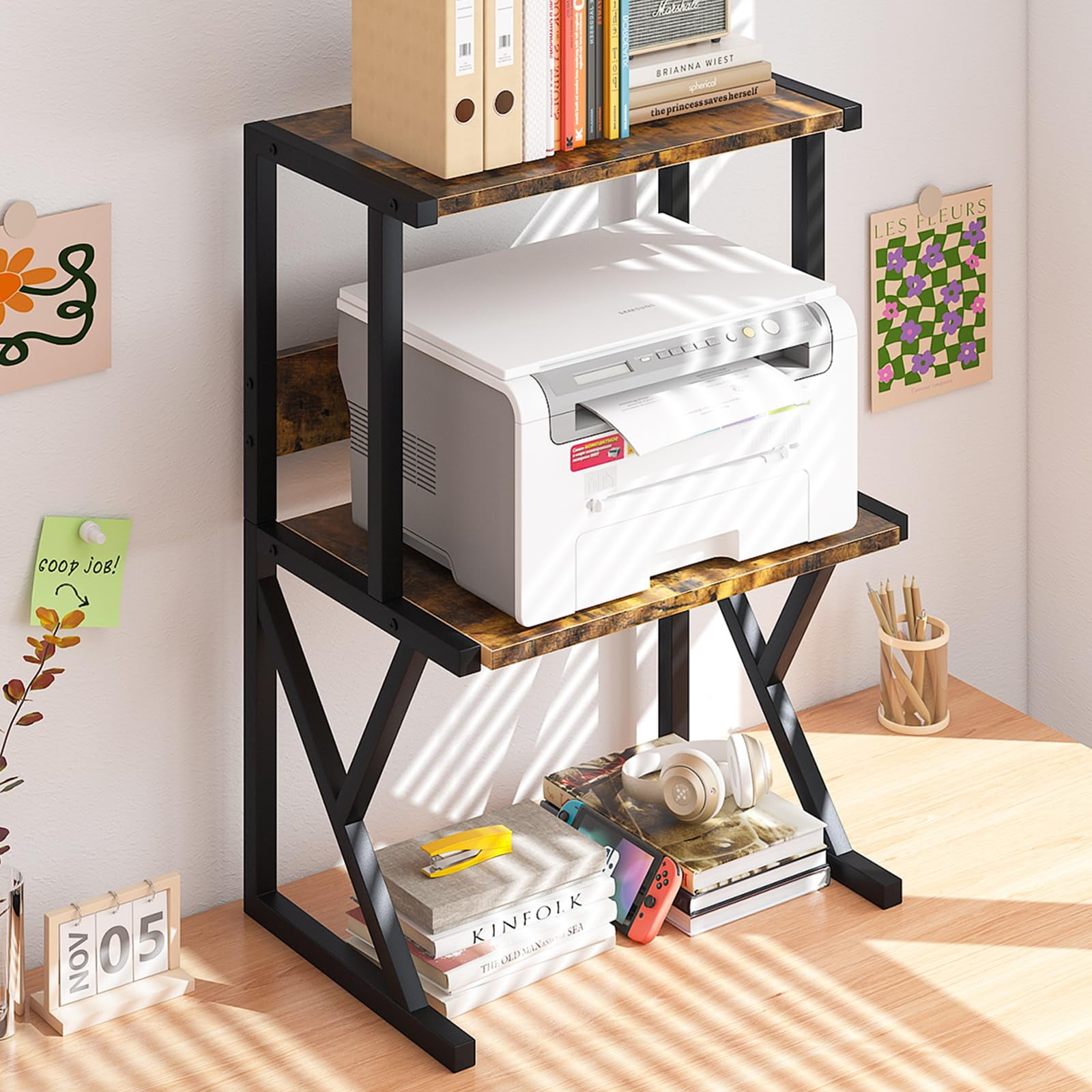 Desktop Printer Stand with 3 Tier Wood Storage Shelves,Under Desk Printer Table,Multi-Purpose Home Office Desk Organizer for Fax Machine, Scanner (Brown)