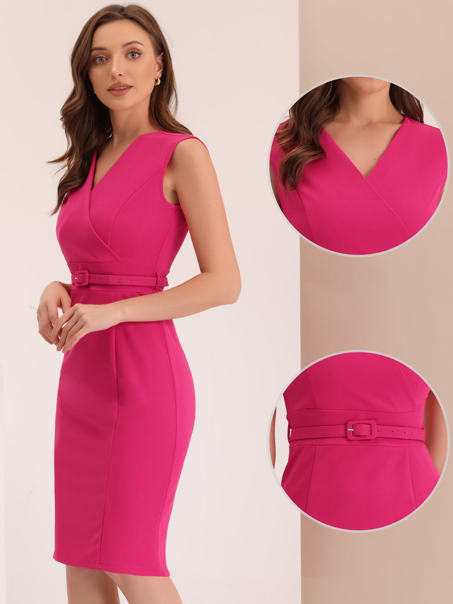 DARING DIVA Pencil Sleeveless Wrap V Neck Belted Office Dresses XS Fuchsia