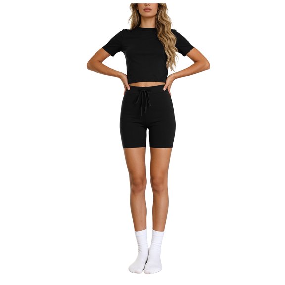 QGJZVUNL 2 Piece Sets for Women Summer Clothes Crop Short Sleeve Tops and Drawstring Shorts Workout Set Size M