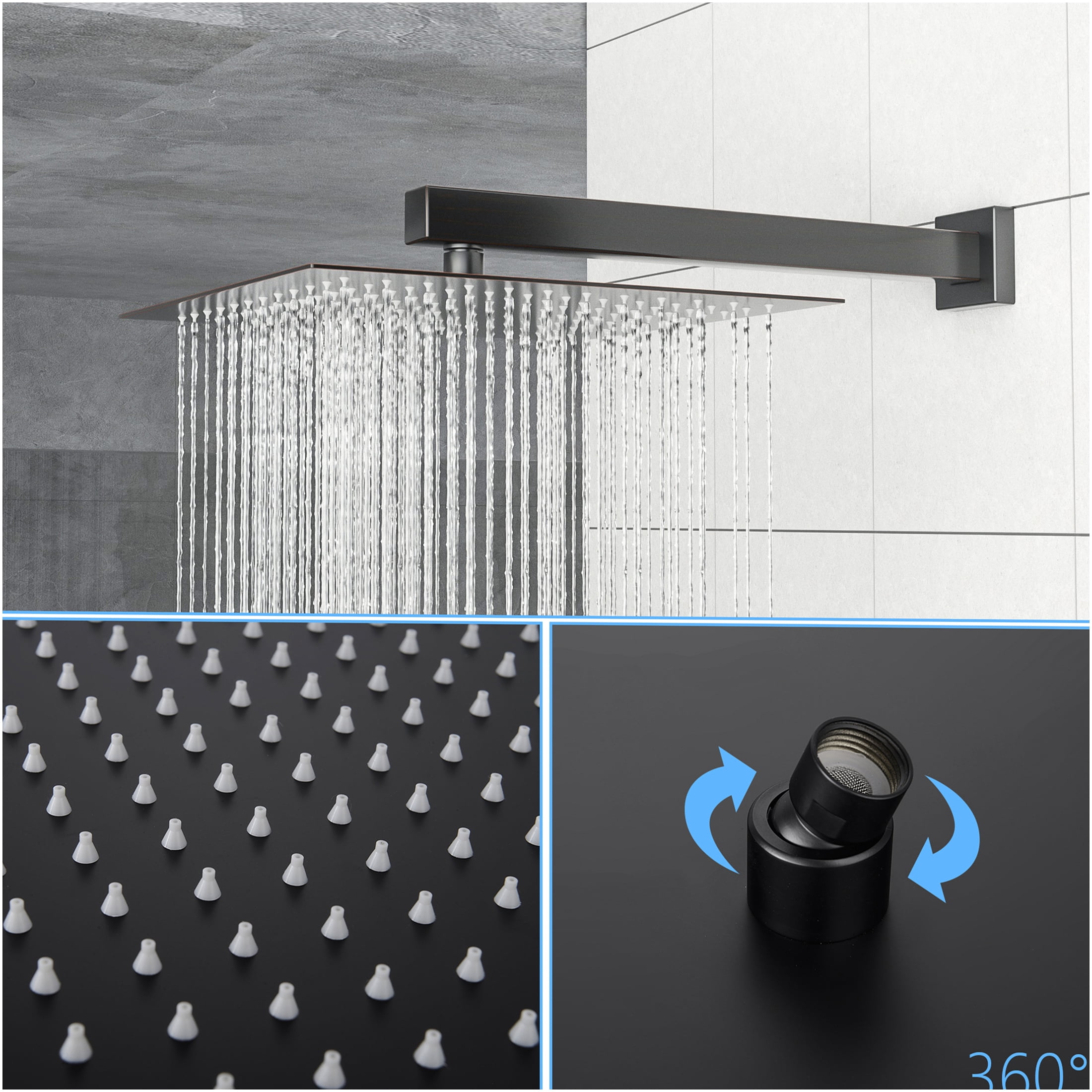 JERFIT 12 Inch Square Rain Shower Head, Oil Rubbed Bronze Stainless Steel Fixed Rainfall Showerhead with 360° Rotation, Easy-Clean Silicone Jets