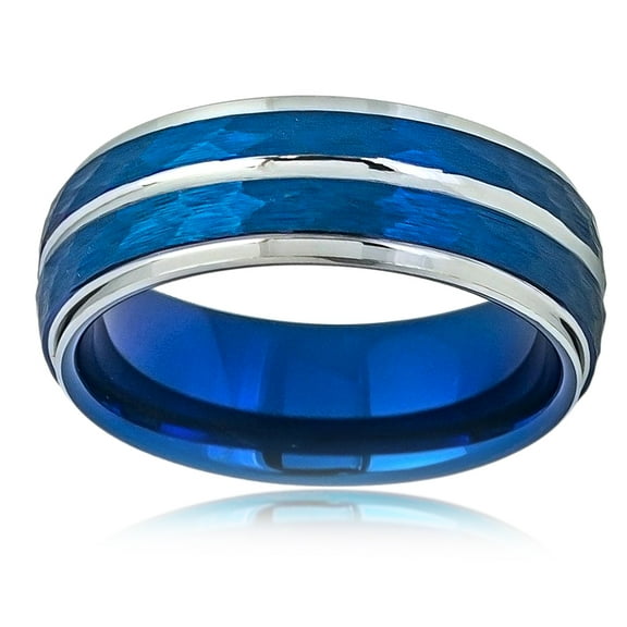 Men Women Tungsten Carbide Wedding Band Ring 8mm Comfort Fit Beveled Edge Hammered Blue Tone Tungsten Ring