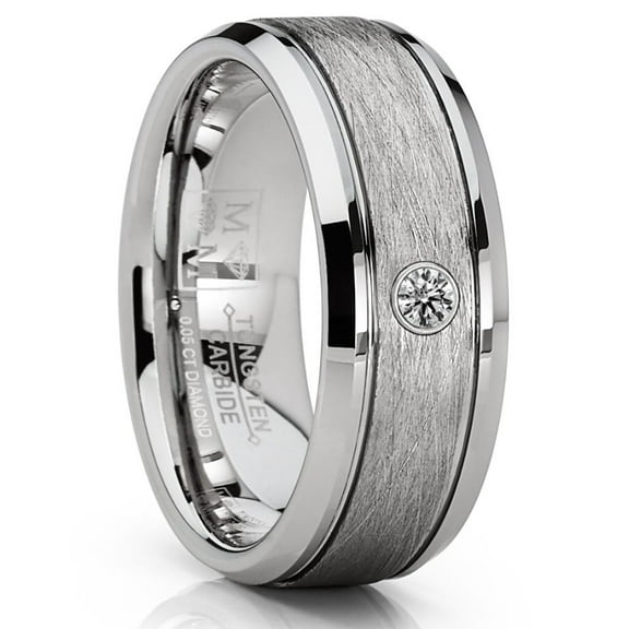 Metal Masters Mens Tungsten Wedding Band .5Ct. Diamond Texture Brush High-Polish Silver-toned 8mm