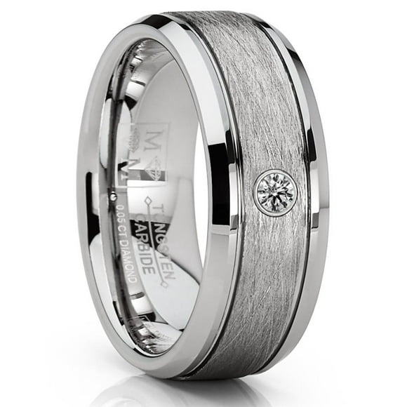Men's Tungsten Wedding Band 0.05 Carats Diamond Texture Brush High-Polish Silver-toned 8MM