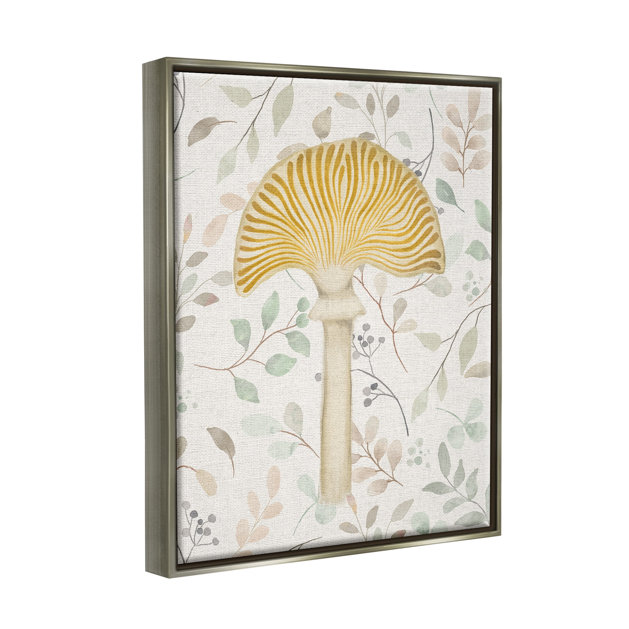 Stupell Industries Yellow Mushroom & Leaves Botanical & Floral Painting Gray Floater Framed Canvas Art Print Wall Art, 25 x 31