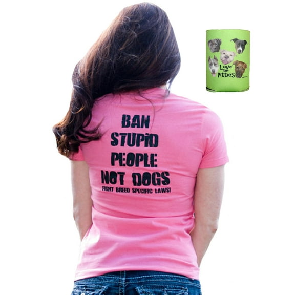 Ban Stupid People Not Dogs Fitted Pit Bull Shirt Womens & Can Holder Multi-pack, Pitbull Mom (Small)
