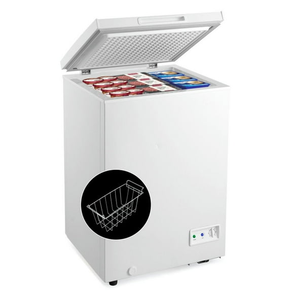 Spaco 3.5 Cubic Feet Compact Chest Freezer with 2 Rolling Wheels, Upright Chest Freezer with Removable Storage Basket, Freestanding Chest Freezer for Indoor as Kitchen, White