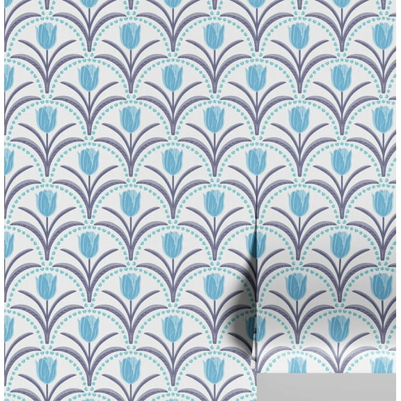 S4Sassy Peel & Stick Vinyl Wallpaper, Chic Tulip Arch Print Wallpaper Contact Paper Waterproof - Blue, 25"x60", Finish, Wall Covering for Home Decor in Bedrooms, Renter Spaces, Cabinets
