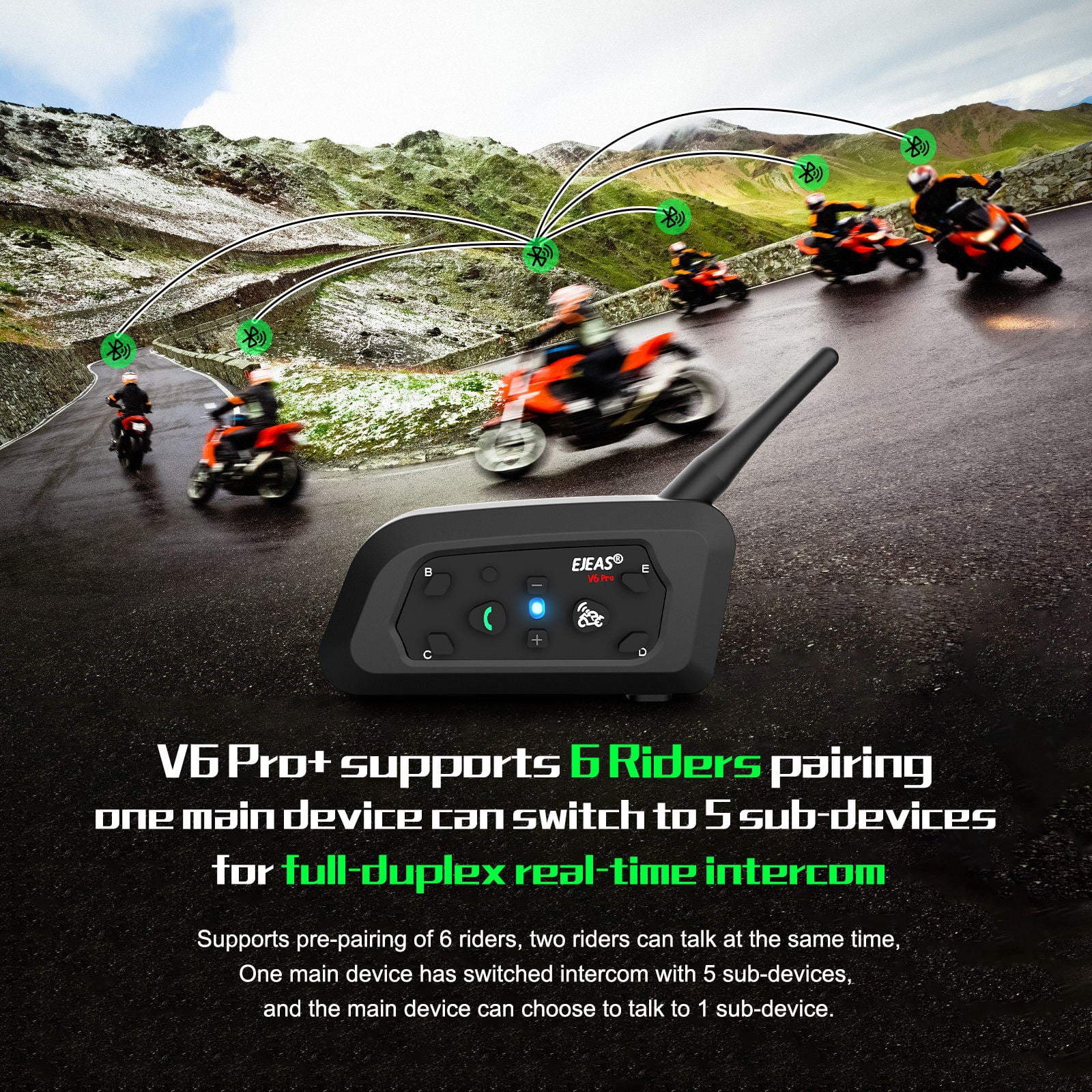 EJEAS V6 Bluetooth Motorcycle Helmet Intercom Headset 1200M 850mAh Motorbike Interphone Headphone 6 Riders for Riding(Dual)