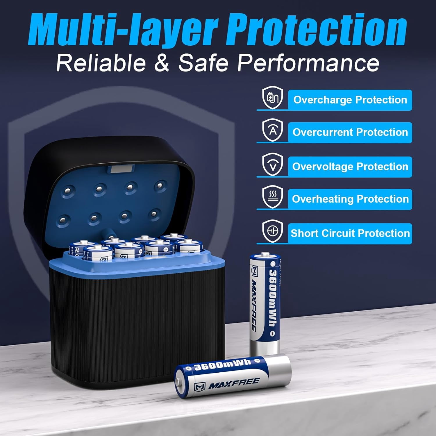 Maxfree 8-Pack Rechargeable Lithium AA Batteries with Charger, 3600mWh 1.5V Long Lasting, LED Display, Fast Charging for Cameras and Toys