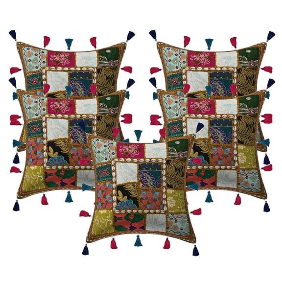 Stylo Culture Indian Sofa Throw Pillow Covers 16 x 16 Embroidered Patchwork Cowrie Sea Shell Tassels Olive Green Tribal Hippie 40cm x 40cm Living Room Cotton Floral Square Cushion Covers | Set Of 5