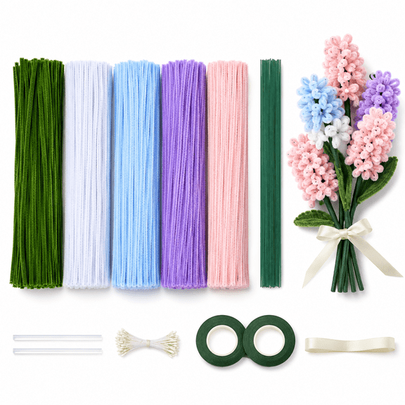 400 Pcs Pipe Cleaners Craft,5 Assorted Colors Pipe Cleaners Bulk, Chenille Stems for DIY Flower Making Kit with Floral Wires, Gardening Tape,Stamen& Ribbon