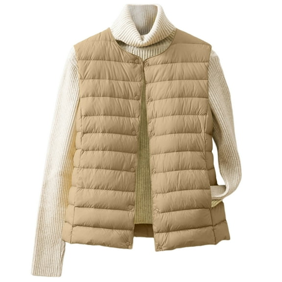 Xyxonk Women's Lightweight Quilted Puffer Vest V Neck Slim Fit Button Down Padded Gilet Thermal Sleeveless White Duck Down Coat Outerwear,Khaki 2XL