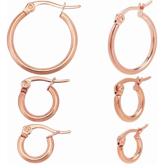 1 Box 3 Pairs 3 Styles Rose Gold Earring Hoops Huggie Hoop Earrings Set Small Tiny Round Circle Shiny 10.5mm 12mm 19.5mm 201 Stainless Steel French Earrings Hooks for Women Men Decoration