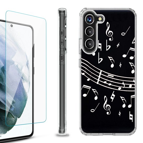 Shockproof Bumper Phone Case for Samsung Galaxy S23 5G, with Tempered Glass Screen Protector, by OneToughShield ® - Music Notes / Black