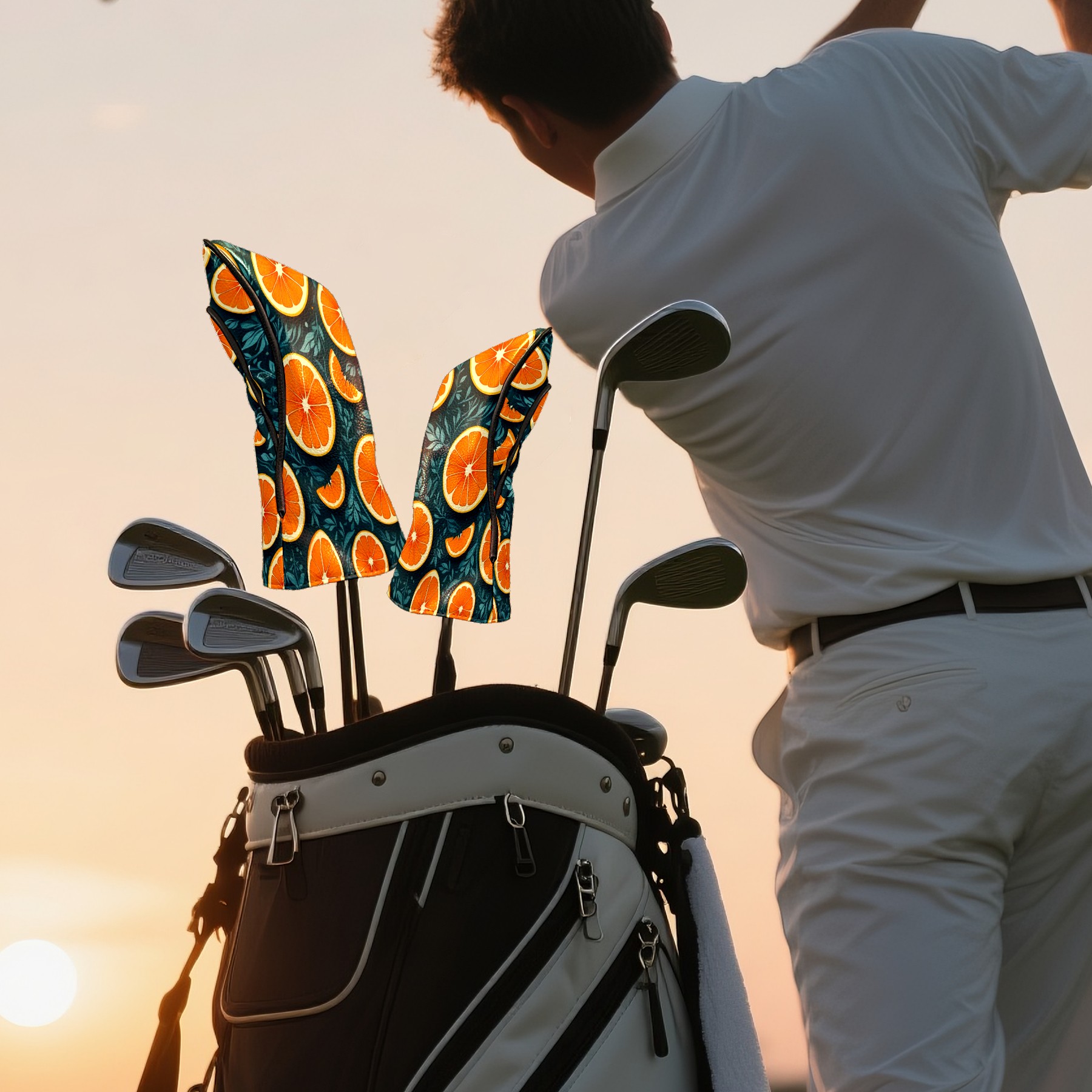 Golf Club Covers, Green Orange Premium PU Leather Driver Hybrid Putter Head Covers with Velvet Lining, Waterproof Golf Gifts for Men Women