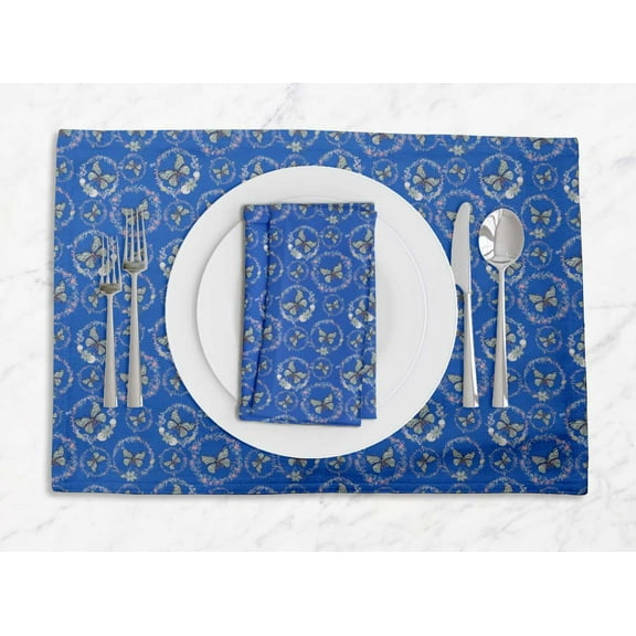 S4Sassy Blue Wreath & Butterfly Printed Dining Room Reversible Tablemats With Napkins set