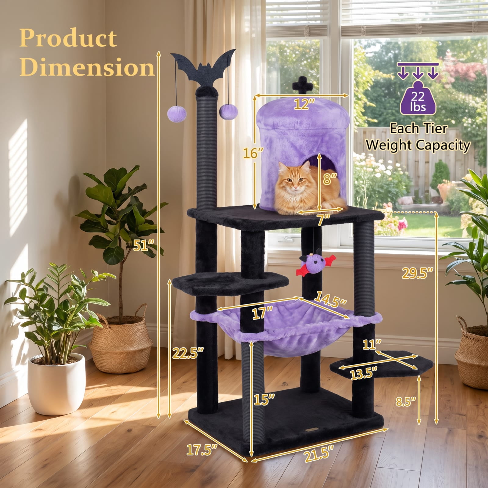 Vebreda Gothic Cat Tree for Indoor Cats, 51 in Multi-Level Cat Tower with Condo, Hammock, 2 Perches, Scratching Posts and Spider Toys, Purple