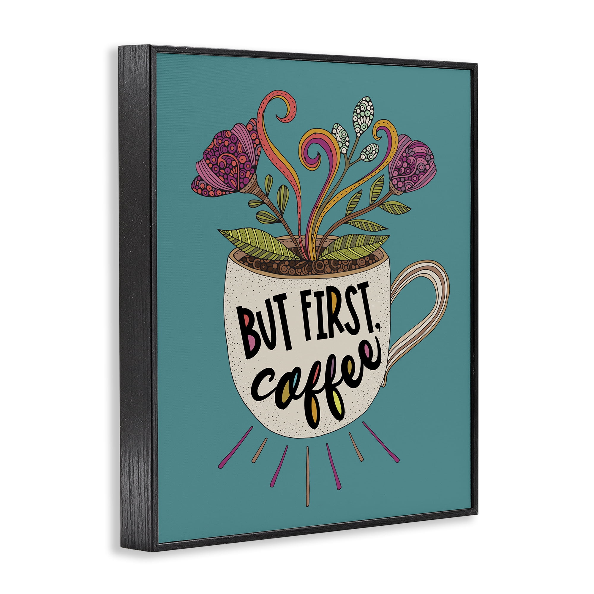 Stupell Industries First Coffee with Florals Botanical & Floral Painting Black Framed Art Print Wall Art, 24 x 30