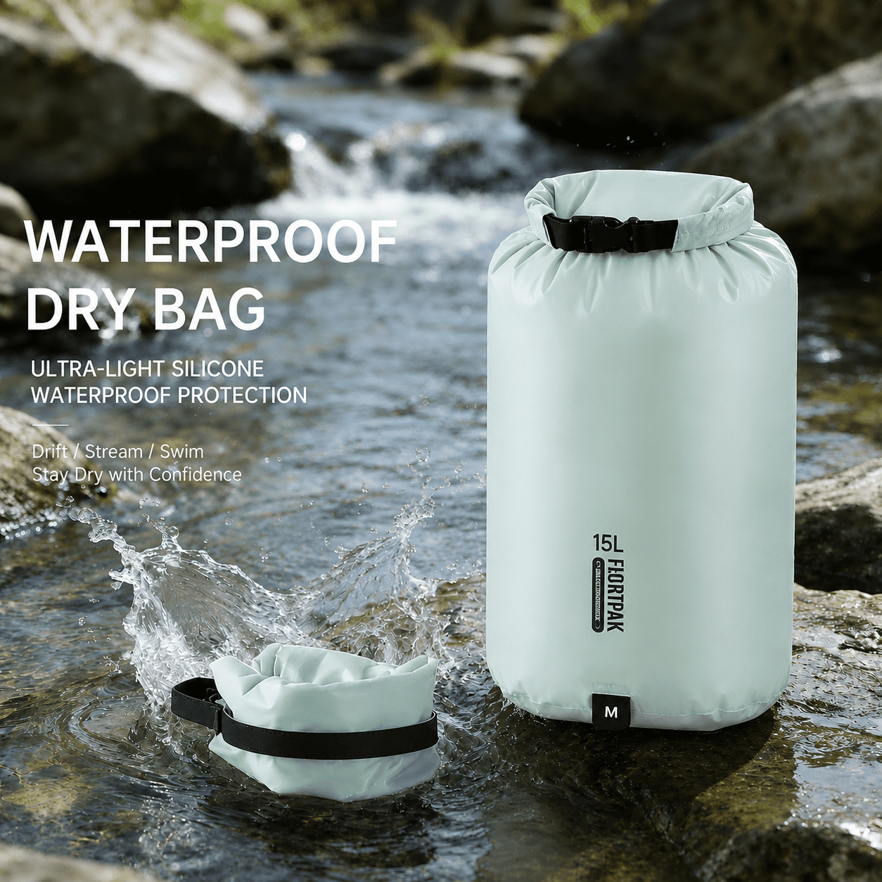 Lightweight Waterproof Dry Bag 15L, Roll Top Dry Sack with 15D Nylon Fabric for Kayaking, Hiking, Camping, Backpacking, Travel and Outdoor Storage