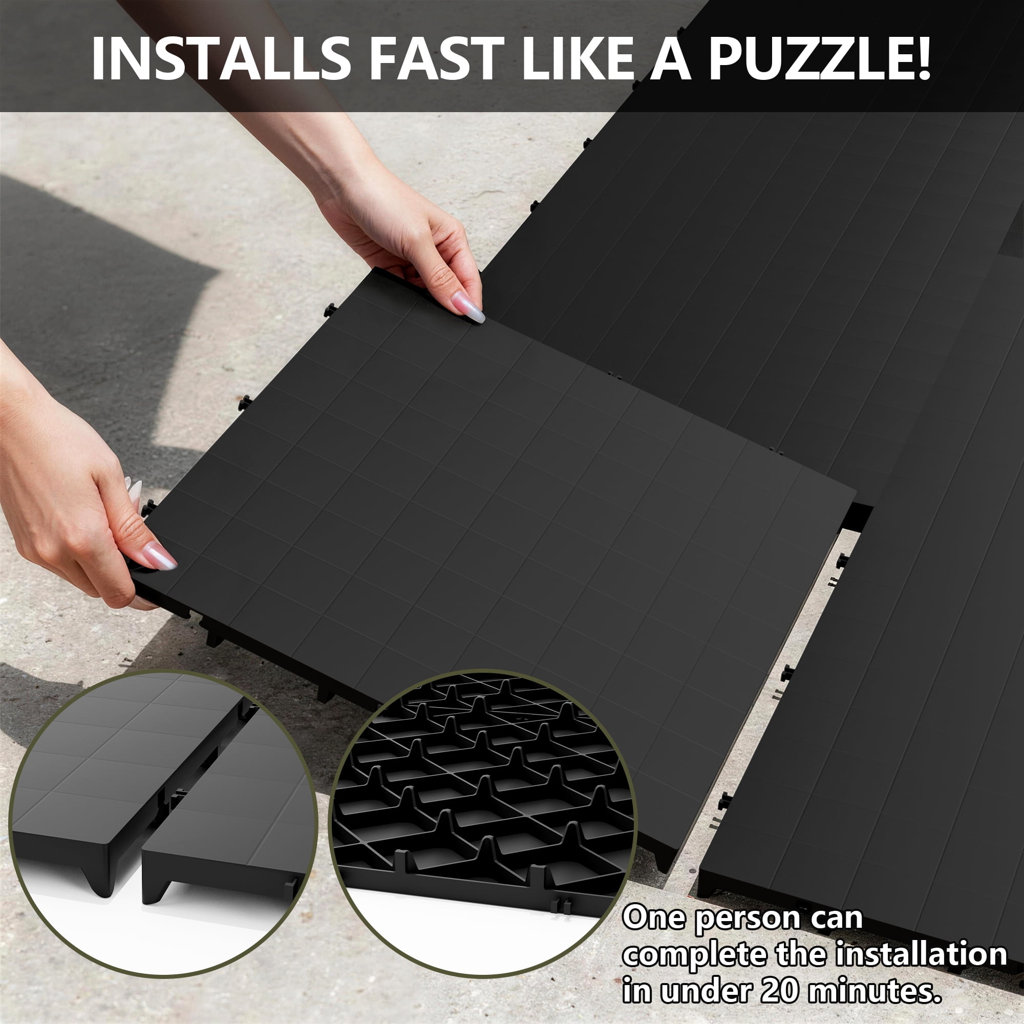 ASJMR Plastic PVC Floor Tiles, 6"x8" Waterproof Outdoor Floating Floor, Damp-Proofing Interlocking Tiles for Outdoor Sheds, Patio, Backyard, Black