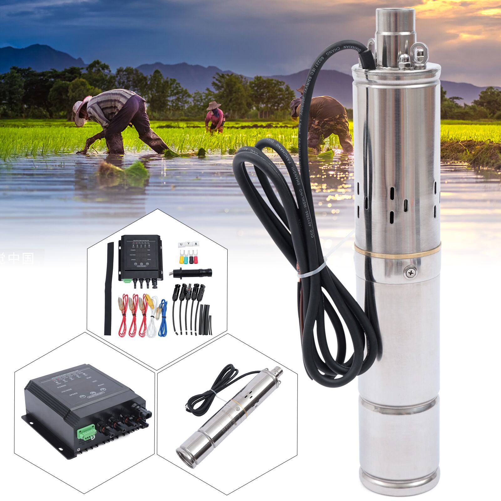 Loyalheartdy Stainless Steel Submersible Solar Water Well Pump Kit, Solar Water Pump Solar Panel
