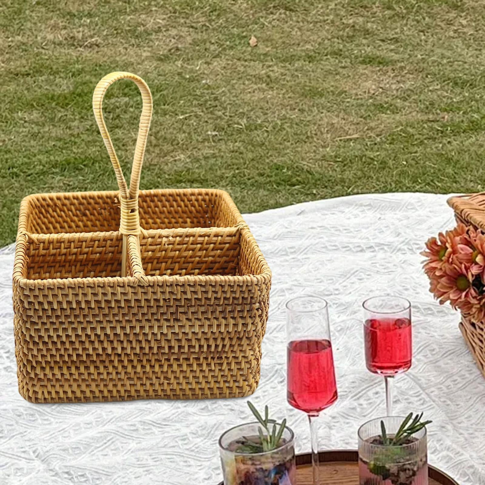 Fancyes Utensil Holder Condiment Organizer Container Basket with 4 Compartments Tableware Storage Holder Rattan Woven for Dining Room Small Square