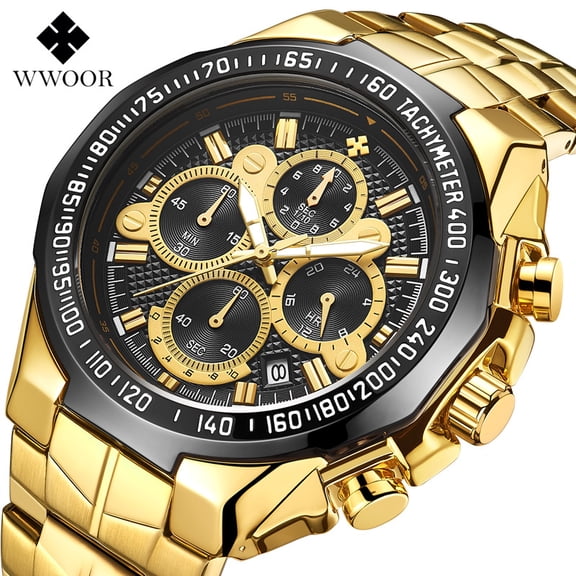 Men's Gold Watch Stainless Steel Waterproof Watches for Men Multifunctional Chronograph Analog Quartz Fashion Business Wristwatch Luminous with Date