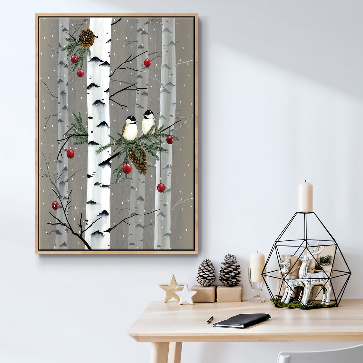 Birch Birds I - Framed Gallery Wrapped Holiday Canvas - 27 x 41 - Natural Wood Frame