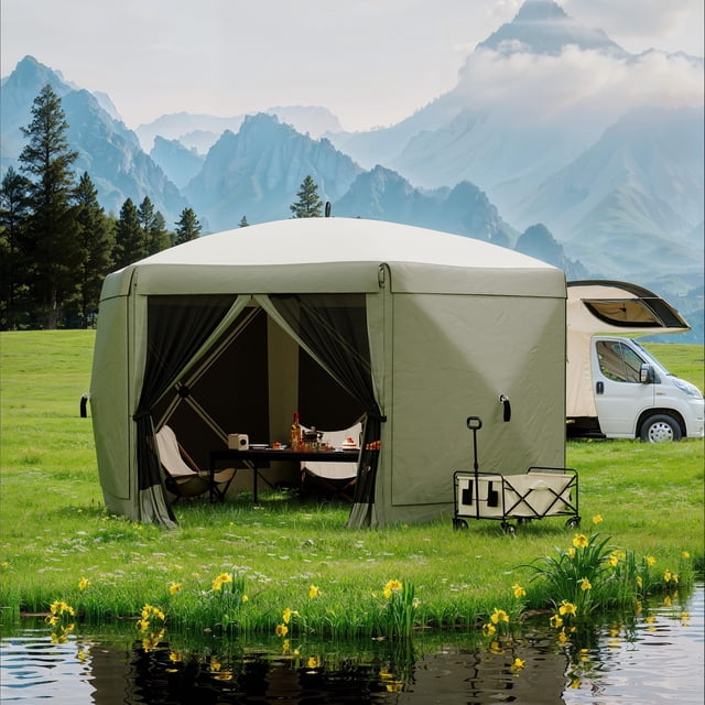 Pop Up Canopy 12FT - 6-Sided Instant Shelter, Army Green, for Camping/BBQs/Backyard | Mesh Netting & Removable Wind Cloths