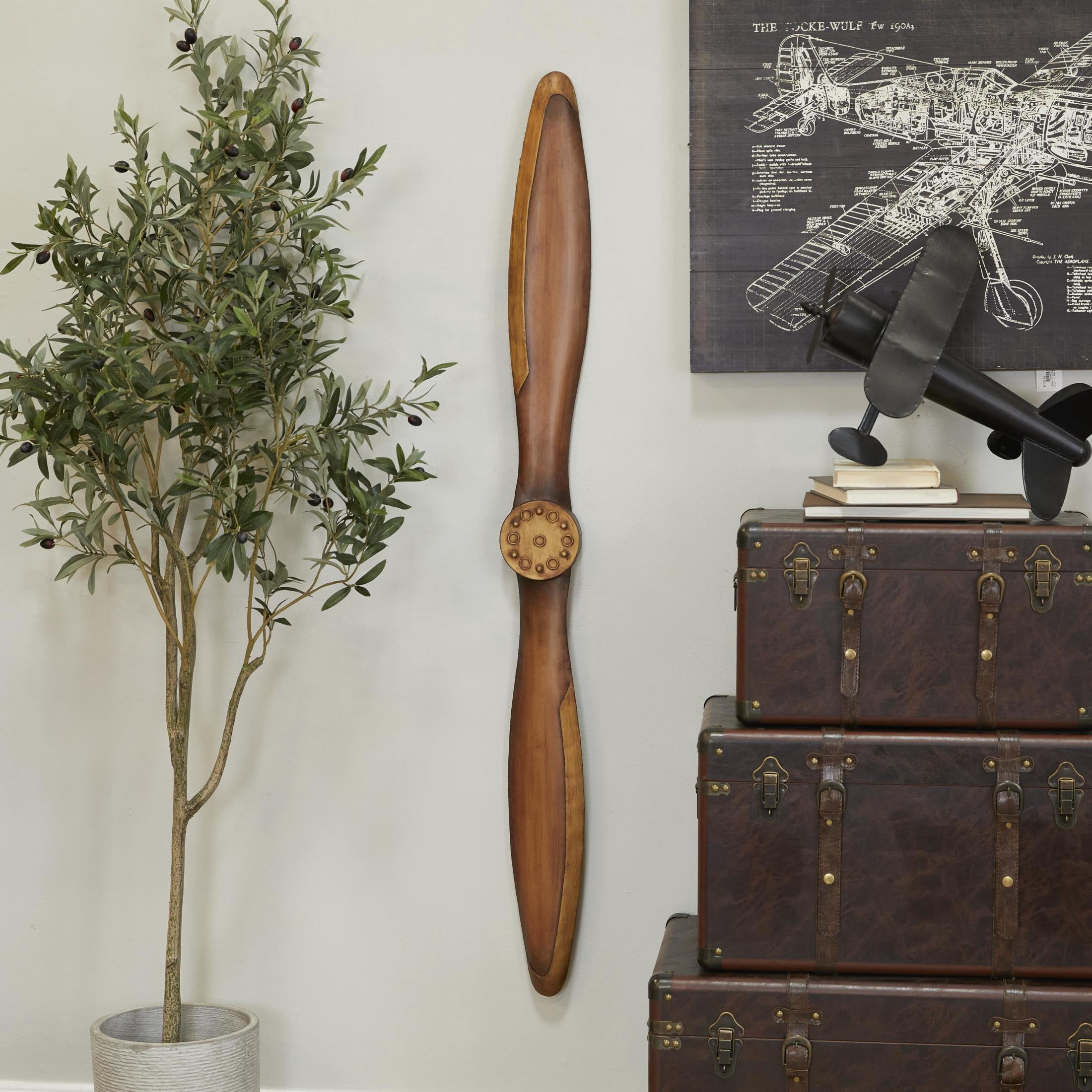 DecMode Brown Metal Wood Inspired 2 Blade Airplane Propeller Wall Decor with Gold Aviation Detailing