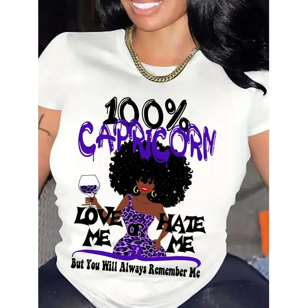 Camiseta con estampado gráfico de Capricornio - 100 % algodón, estilo informal, cuello redondo, mangas cortas y tejido de punto ligeramente elástico - Top de largo regular para mujer, primavera/verano