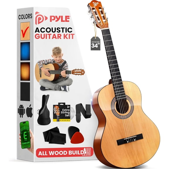 Pyle Beginner Acoustic Guitar Kit, 34" 1/2 Junior Size 6-String All-Wood Instrument for Kids & Adults, Natural Gloss Finish