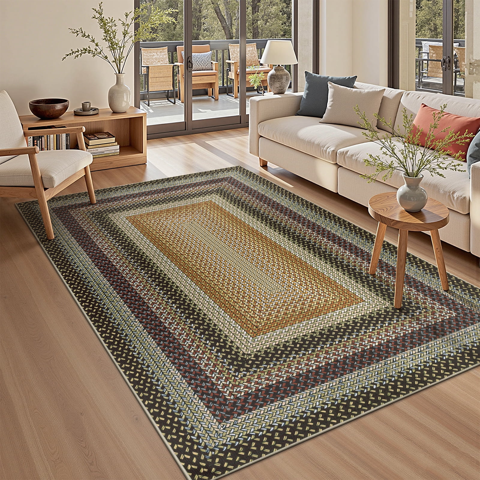 5' x 8' Braided Jute Print Area Rug Washable Non-Slip Pet Friendly Carpet with Concentric Design, Stain Resistant for Living Room, Bedroom & Home Office