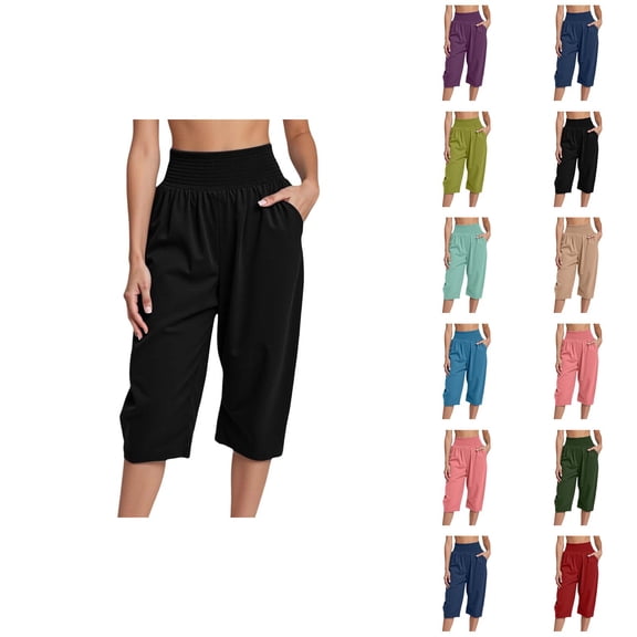 Cotton Linen Capri Pants for Women Lightweight Elastic Waist Loose Fit Wide Leg Cropped Pants with Pockets Womens Capris