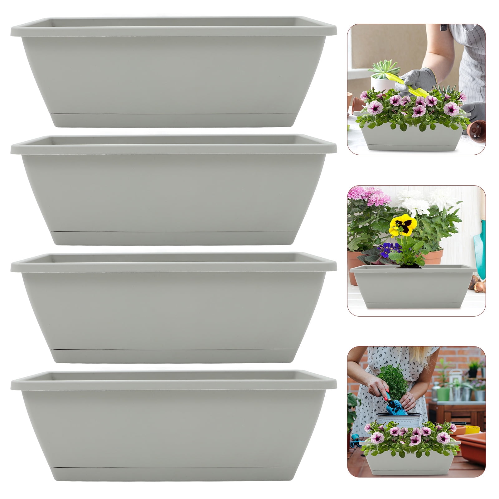 HERFIER 4 Sets of Window Box Planter Vegetable Flower Planter Box Rectangular Flower Pot with Saucer 16.51x6.68x5.97in
