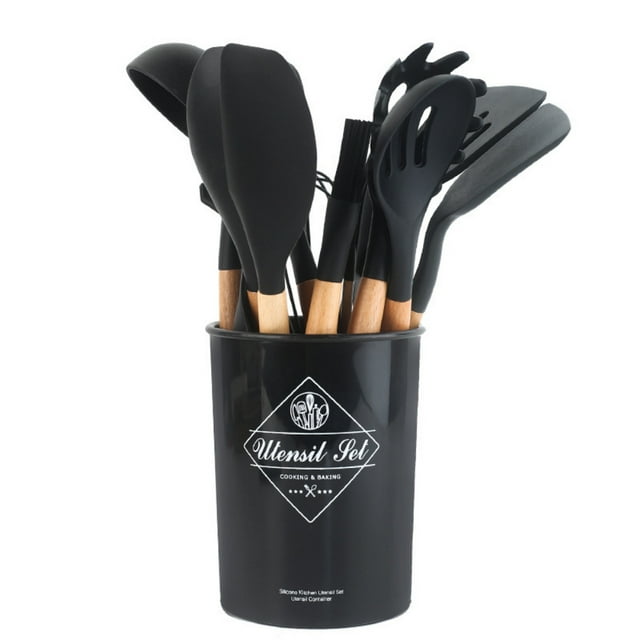 Scratch Resistant Kitchen Gadgets, Non-Stick Utensils with Wooden Handle, Heat Resistant Tools up to 446°F (230°C), Easy Clean & Odorless, Durable Stainless Steel Core (12-Piece