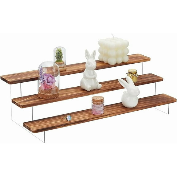 Wood Display Stand 3-Tier Display Riser Shelf Tiered Organizer Holder Countertop Display Storage for Figure Collection Cupcake Desserts Holder Cosmetics Perfume Jewelry Organizer Mixed Color