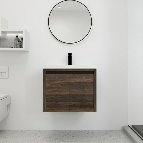 Noble House 24" Floating Bathroom Vanity, Resin Sink, Hidden Handle, Soft-Close Doors, Small Bath, California Walnut