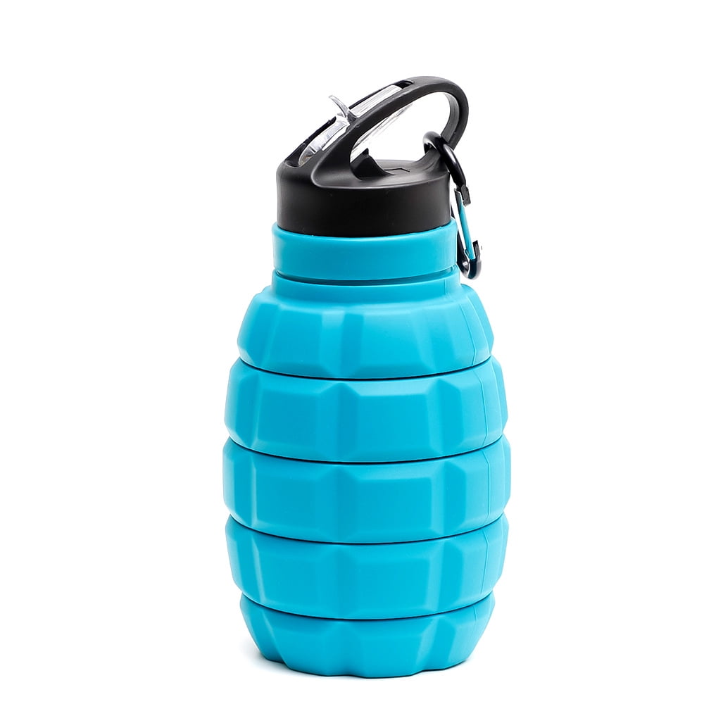 Rush New foldable grenade water bottle food grade silicone cycling hiking  water bottle with carabiner drink set blue 580ML S1627